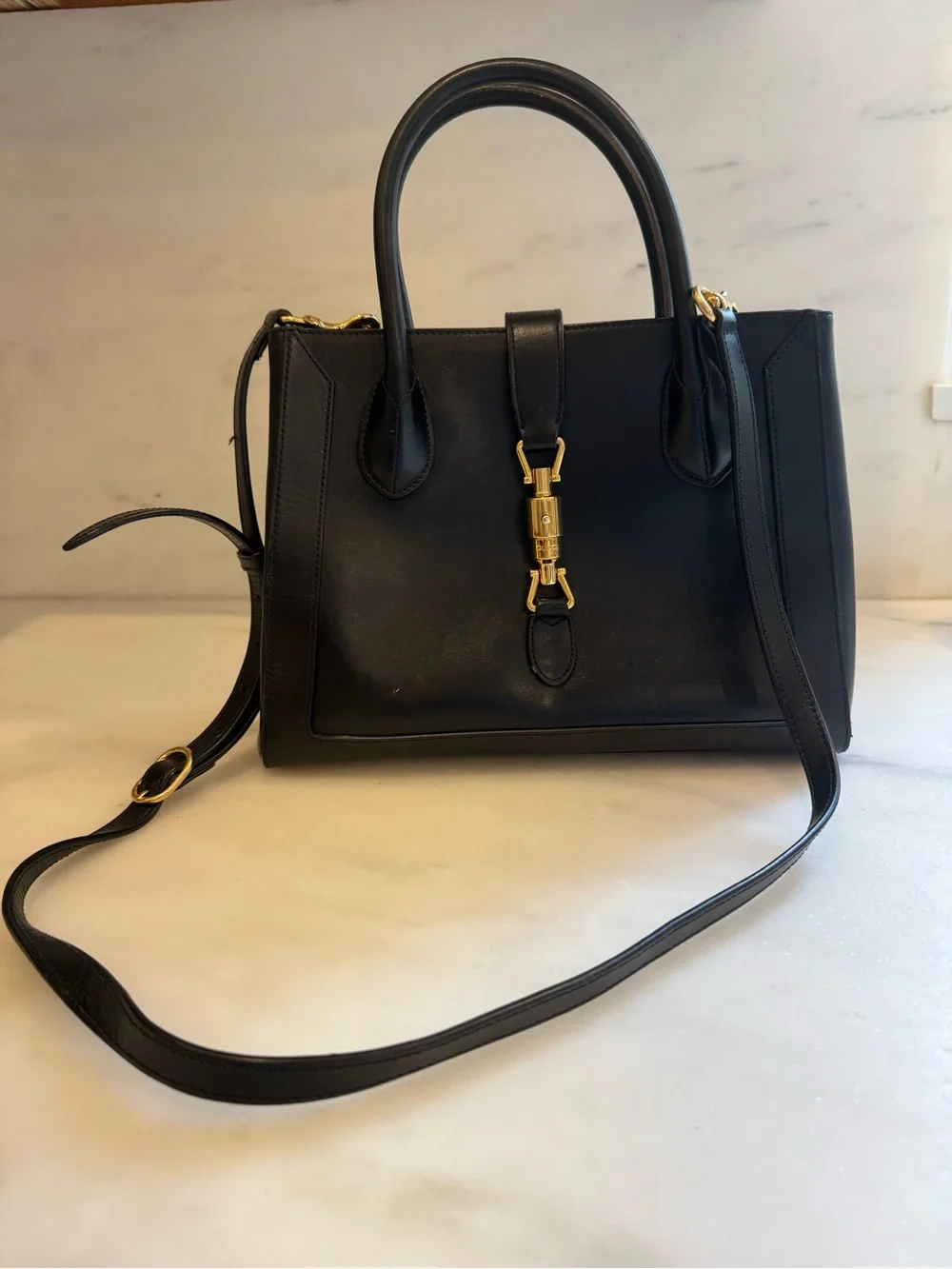 Gucci Classic Black Leather Top-Handle Satchel with Gold Hardware